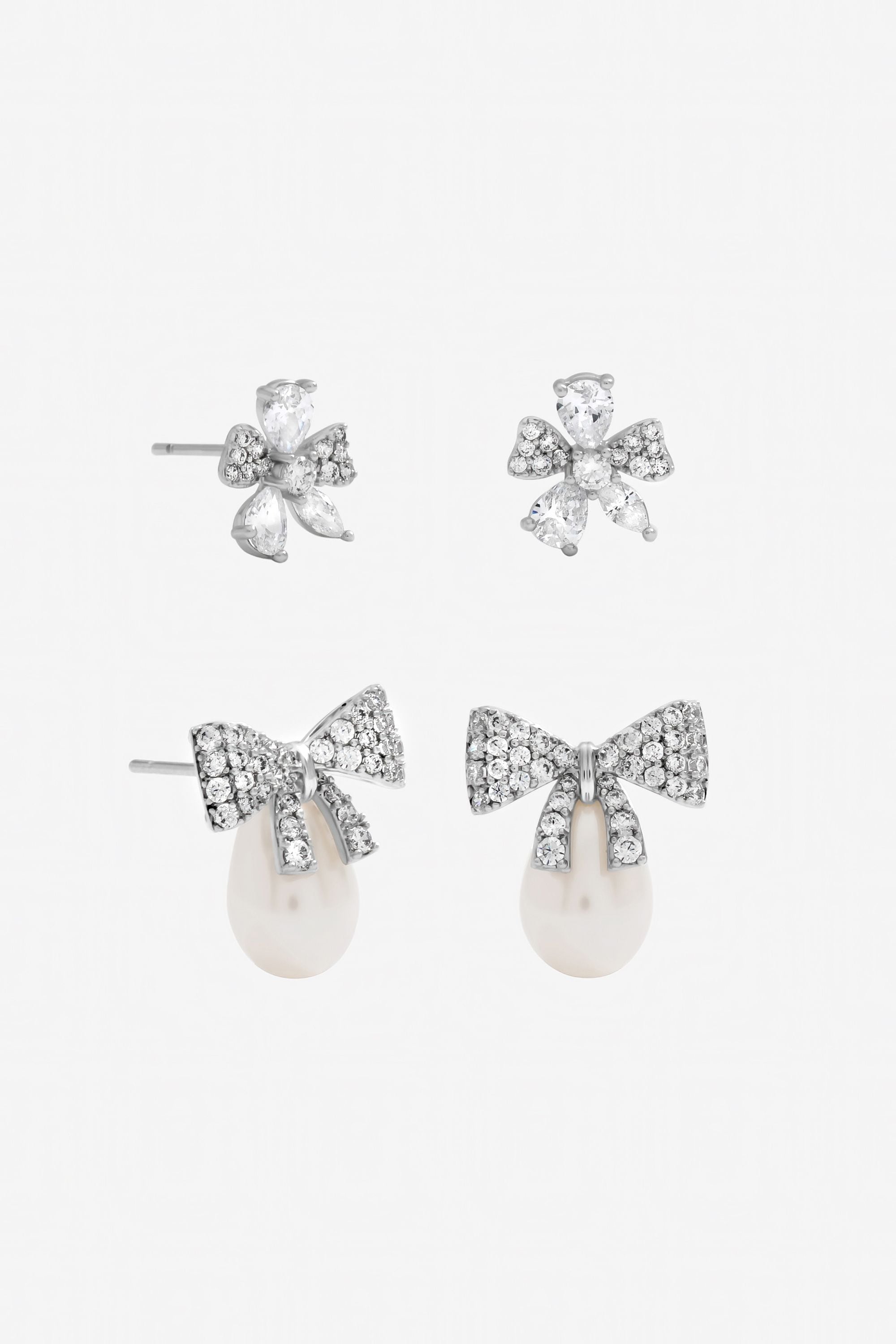 Jon Richard Rhodium Plated Pearl and Pave Bow Earrings - Pack of 2