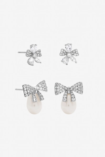 Jon Richard Rhodium Plated Pearl and Pave Bow Earrings - Pack of 2