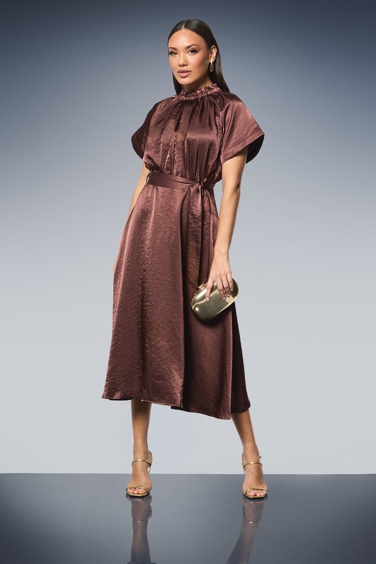 Principles Gathered Neck Flared Skirt Satin Midi Dress Chocolate image 1