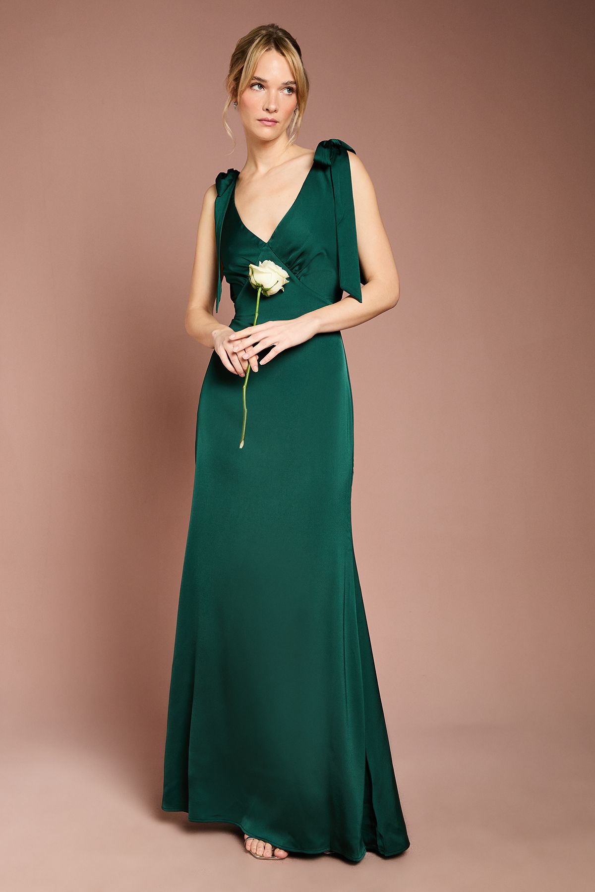 Coast Coast Honoured Satin Back Crepe V Neck Tie Shoulder Maxi Bridesmaid Dress Emerald