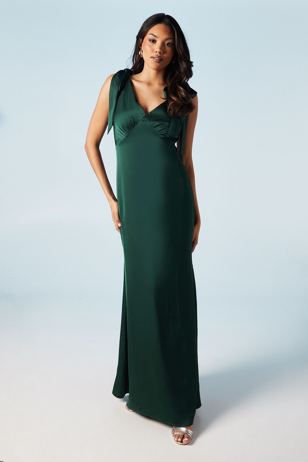 Coast Coast Honoured Satin Back Crepe V Neck Tie Shoulder Maxi Bridesmaid Dress Emerald image 1