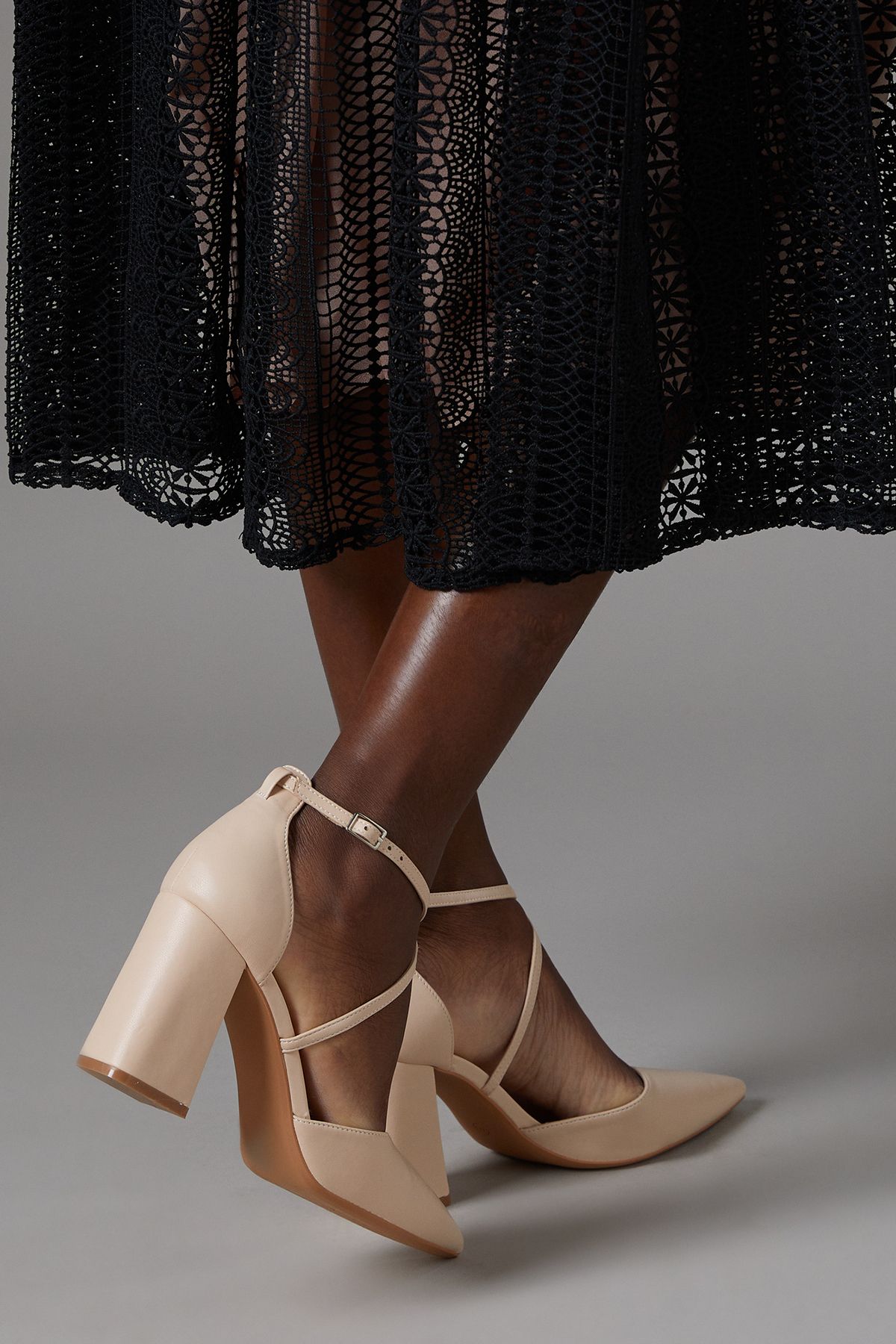 Coast Treat Faux Leather  Cross Strap Pointed Block Heel Court Shoes Nude image 2