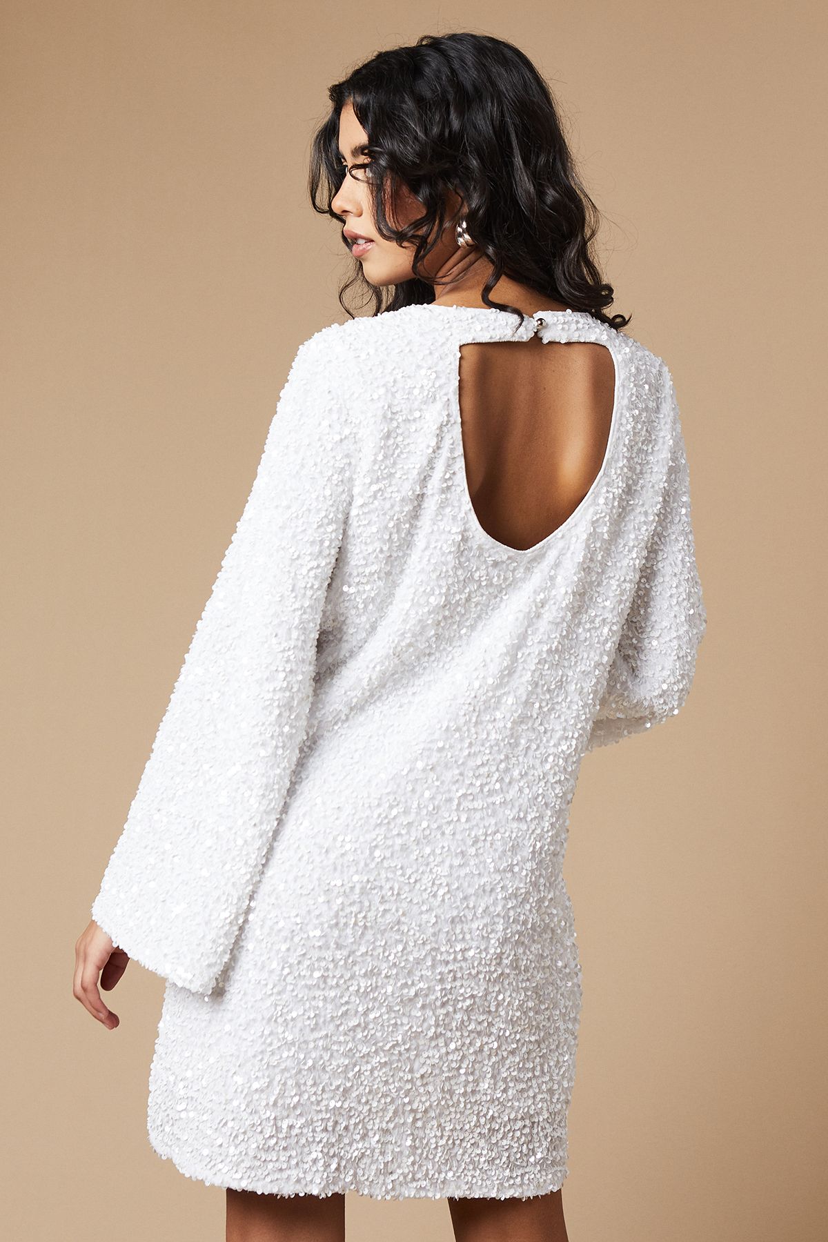 Oasis Petite Occasion Sequin Flare Sleeve Mini Dress White image 3