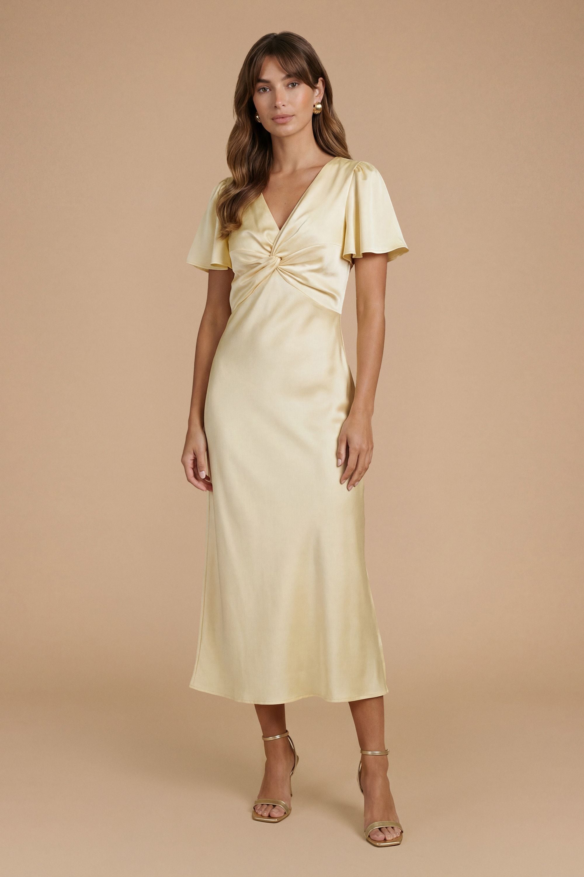 Oasis Butter Yellow Satin Twist Front Angel Sleeve Midi Bridesmaid Dress Butter