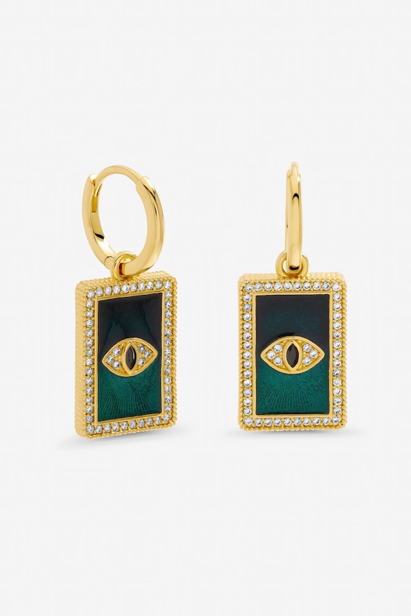 Inicio Gold Plated and Green Evil Eye Charm Huggie Earrings - Gift Pouch