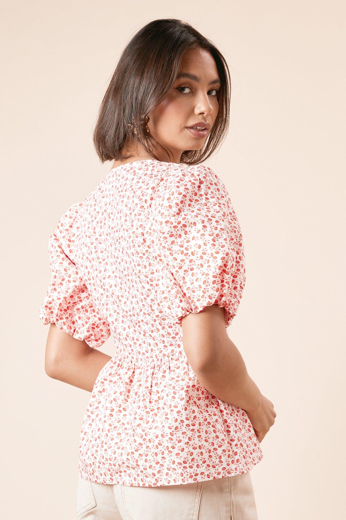 Dorothy Perkins Red Floral Button Up Printed Peplum Top Floral image 3