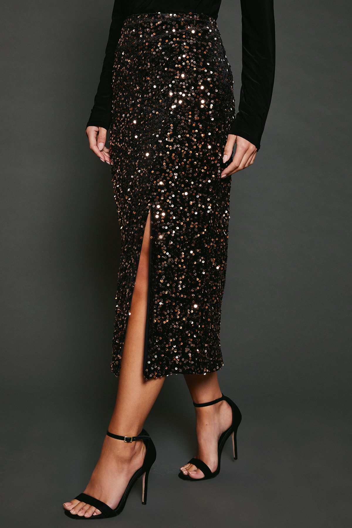 Dorothy Perkins Petite Velvet Sequin Midi Skirt Bronze image 4