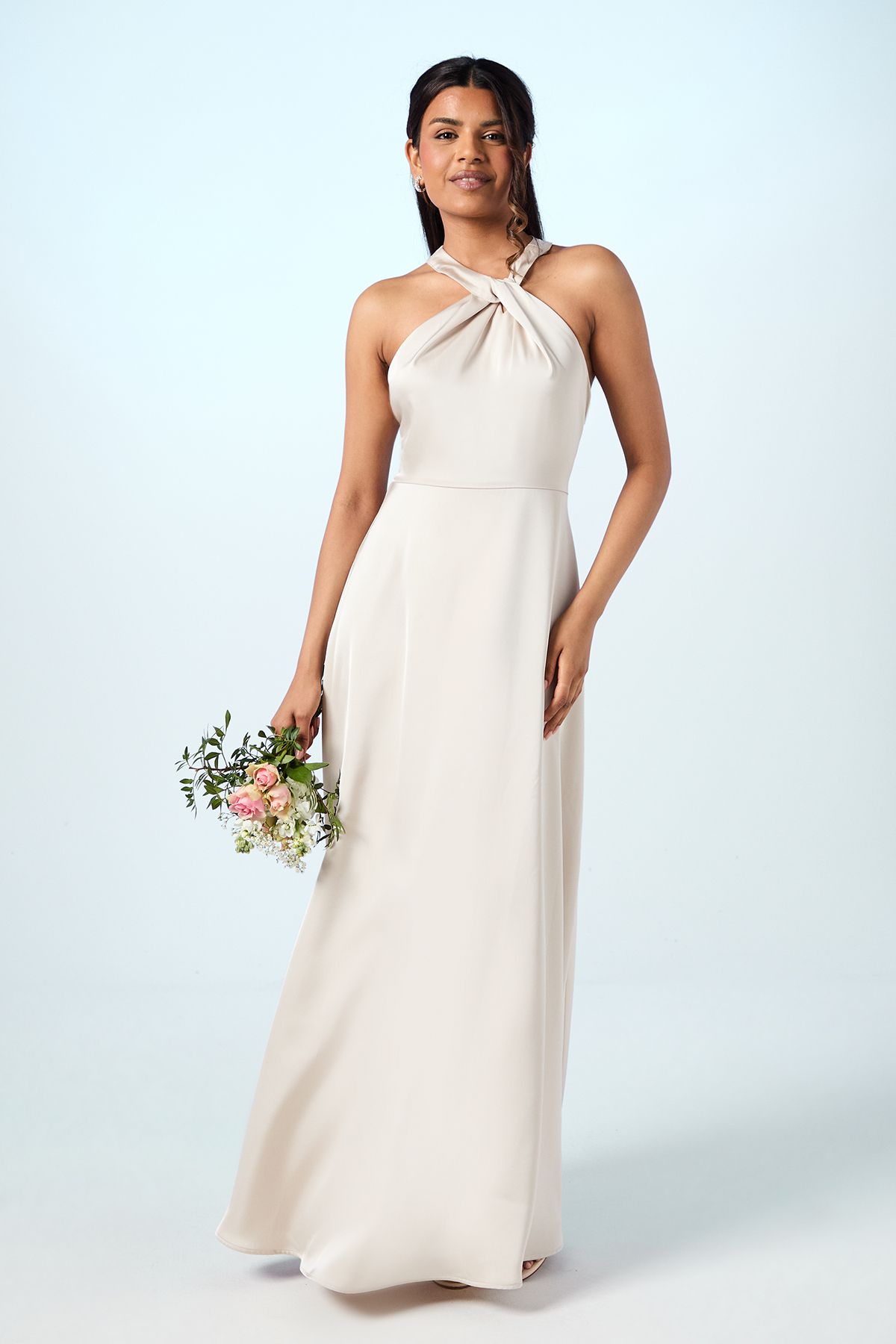 Coast Coast Honoured Petite Twist Halterneck Satin Maxi Bridesmaid Dress Champagne