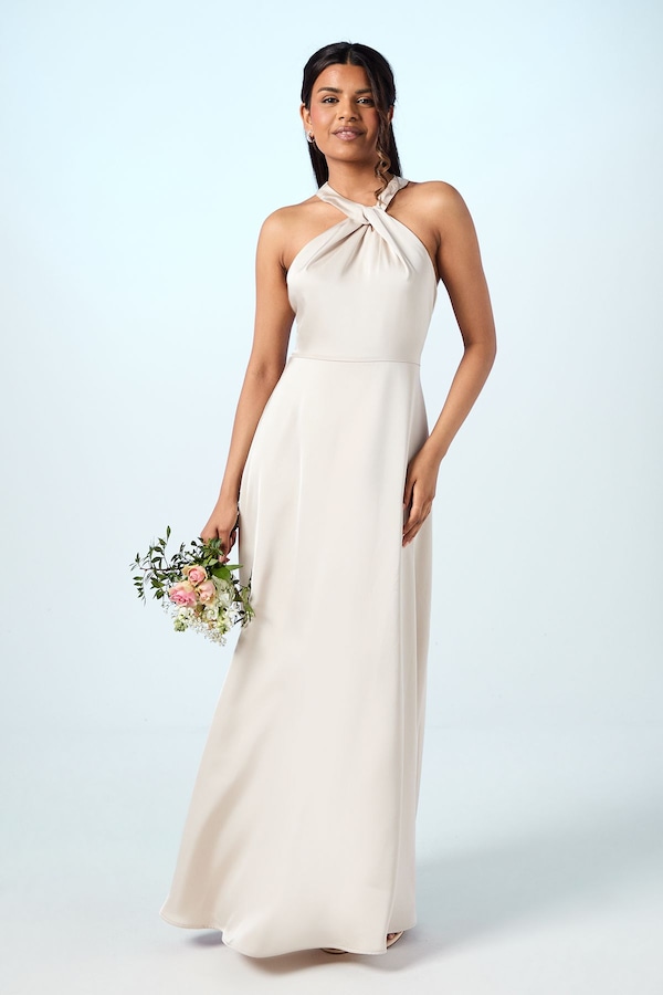 Coast Coast Honoured Petite Twist Halterneck Satin Maxi Bridesmaid Dress Champagne