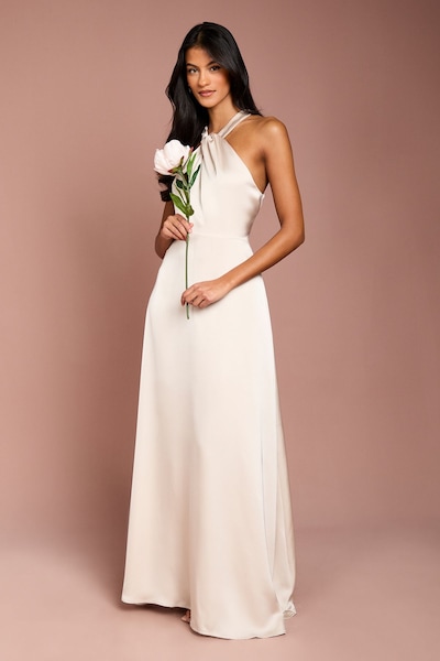 Coast Coast Honoured Petite Twist Halterneck Satin Maxi Bridesmaid Dress Champagne