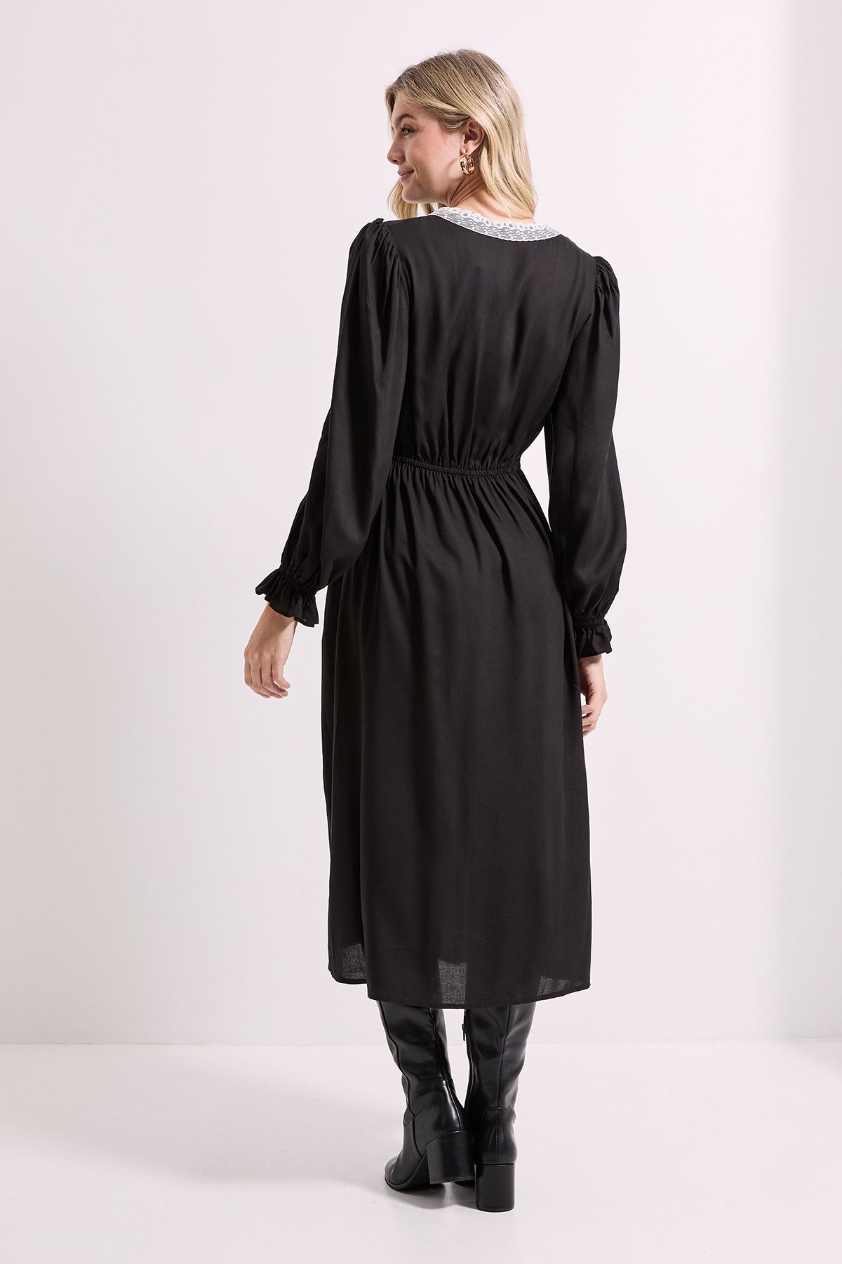 Dorothy Perkins Lace Trim Blouson Sleeve Midi Dress Black image 4