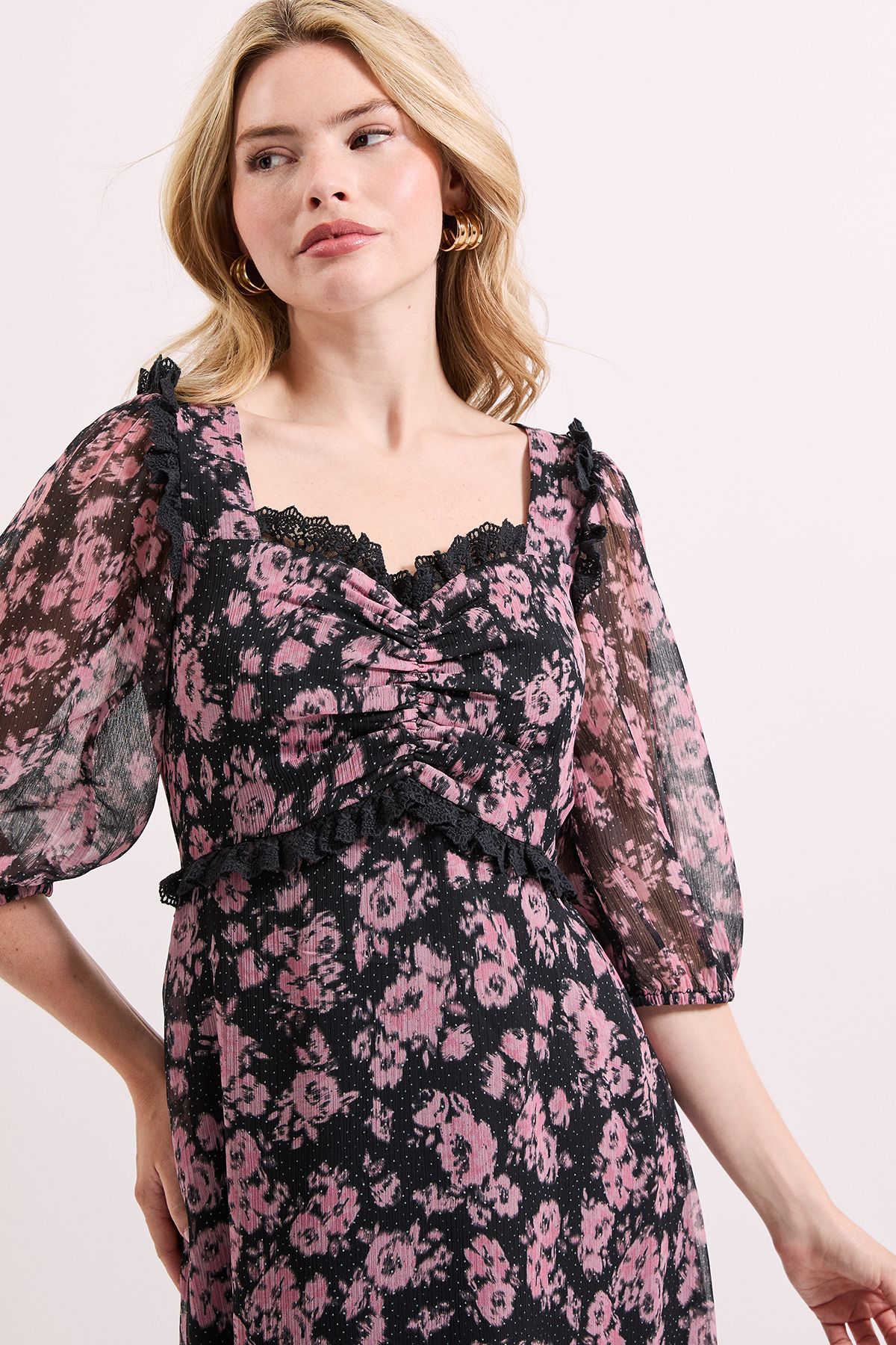 Dorothy Perkins Floral Printed Lace Trim Blouson Sleeve Midi Dress Floral image 3