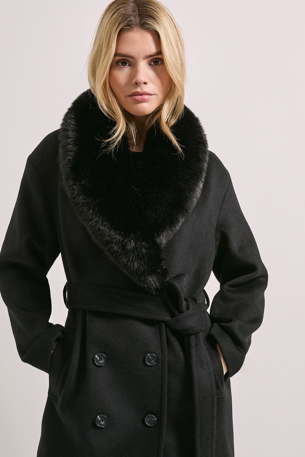 Dorothy Perkins Faux Fur Collar Belted Longline Coat Black image 2