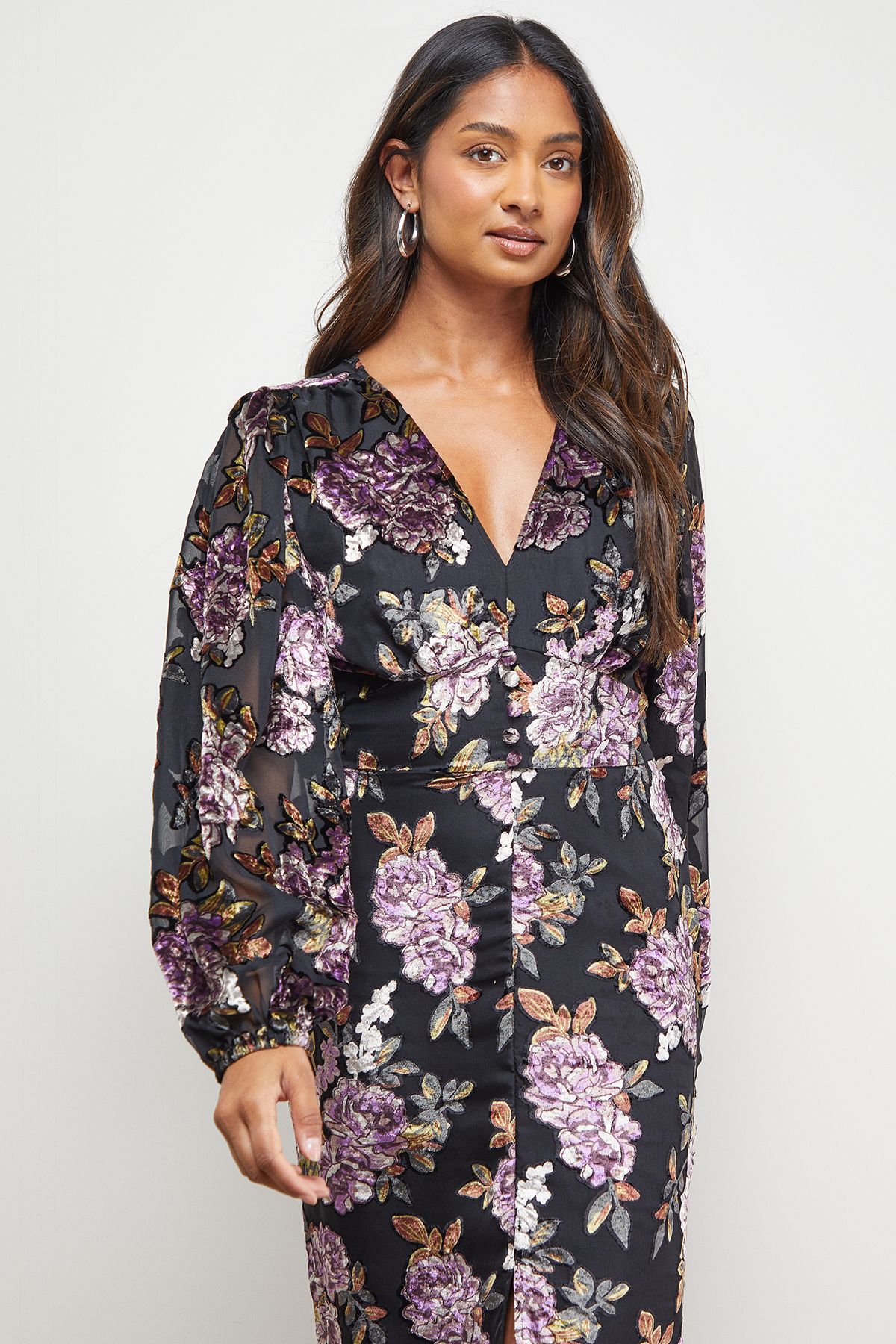 Oasis Devore V Neck Puff Sleeve Midi Tea Dress Floral image 2