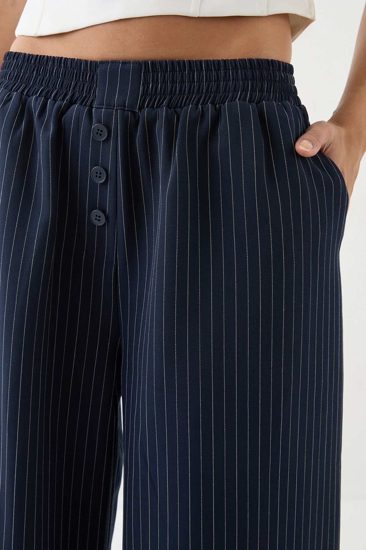 MissPap Premium Pinstripe Button Front Tailored Trouser Navy image 3