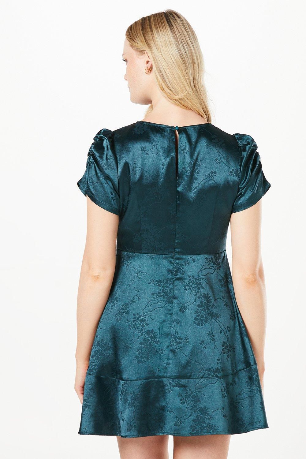Oasis Petite Jacquard Satin Drop Hem Mini Dress Green image 3