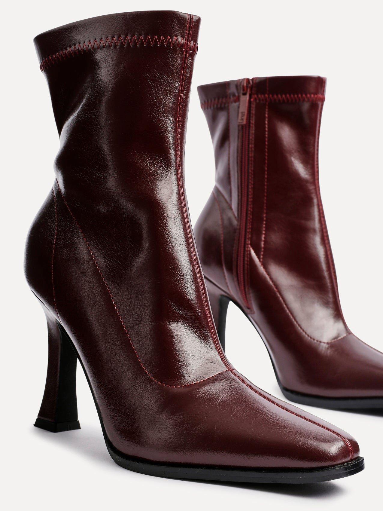 Linzi Noelle Burgundy Faux Leather Square Toe Heeled Sock Boot image 4