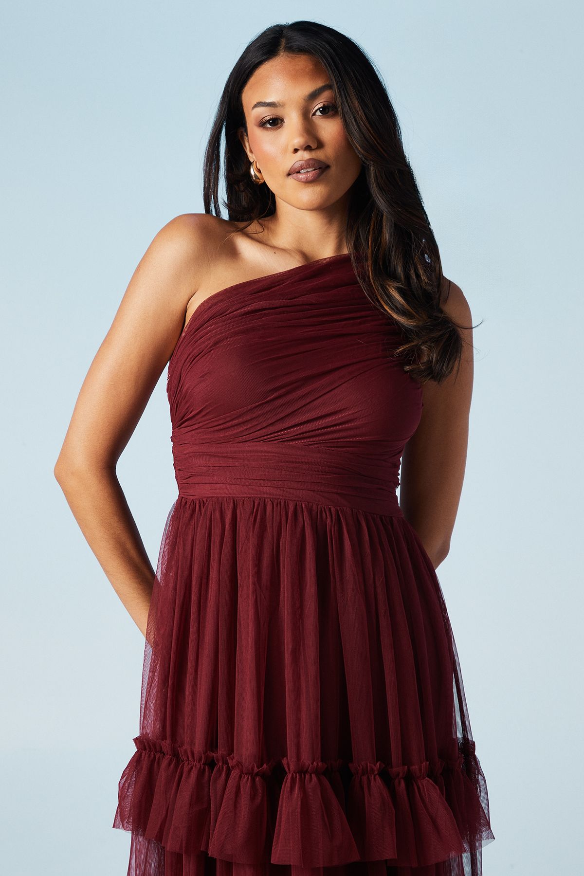 Oasis Pleated Mesh One Shoulder Tiered Maxi Bridesmaid Maxi Dress Berry image 2