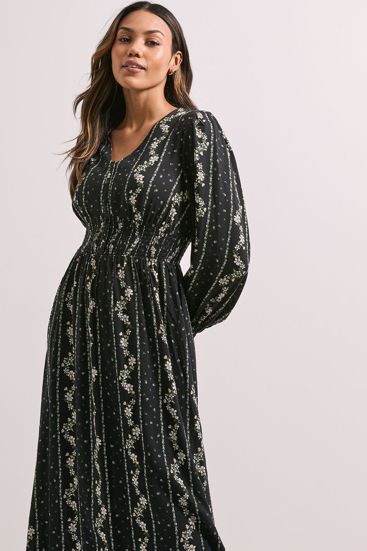 Dorothy Perkins V Neck Button Front Detail Printed Midi Dress Black image 2