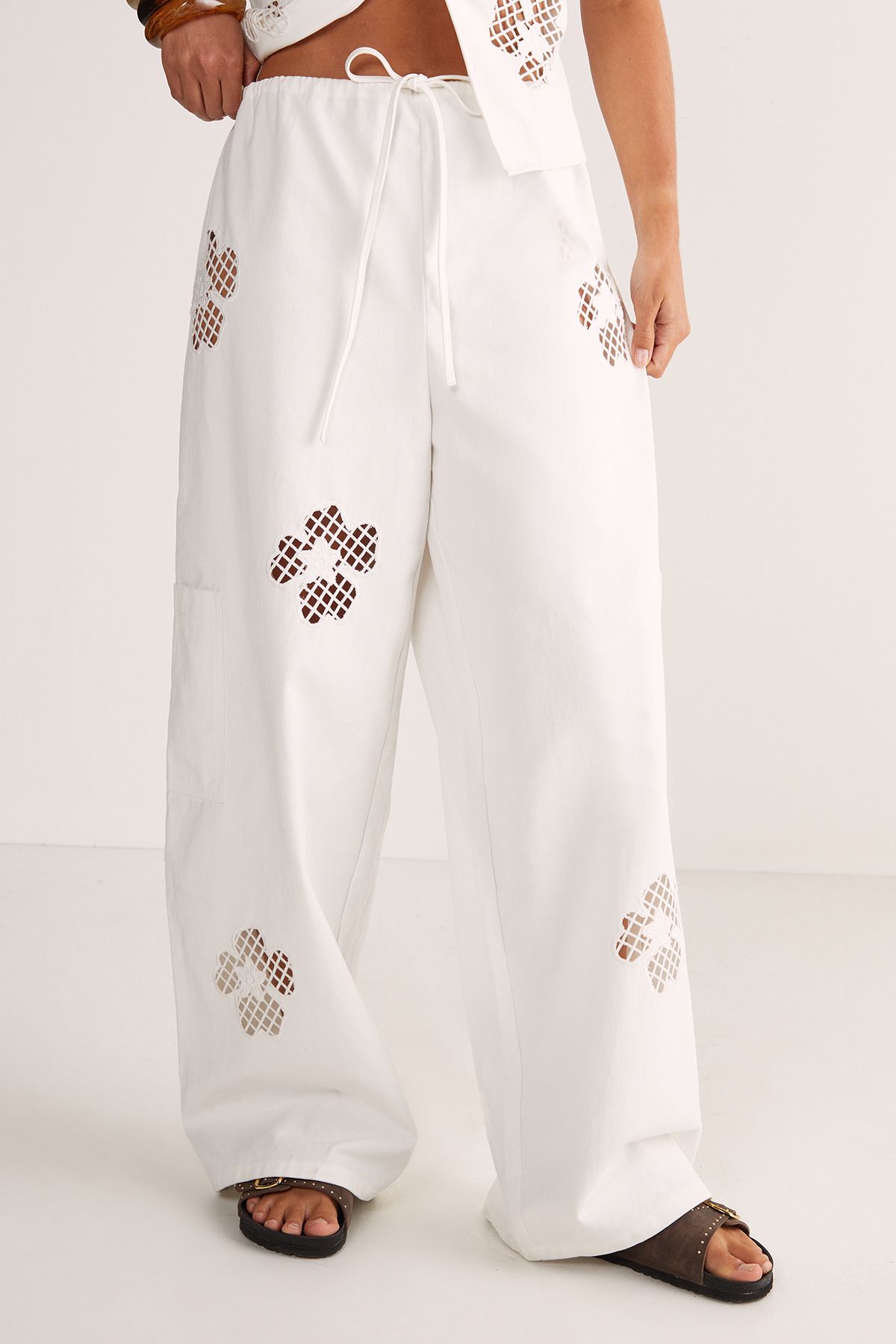 NastyGal Floral Cutwork Cargo Pants White image 1