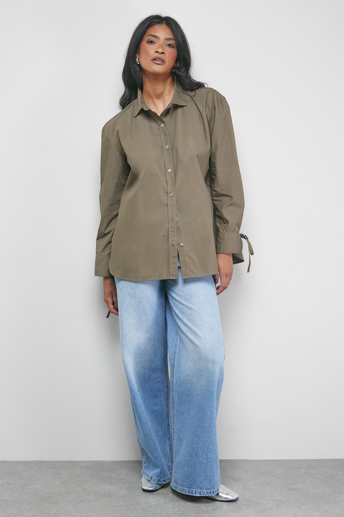 Warehouse Oversized Bow Back Shirt Olive image 2