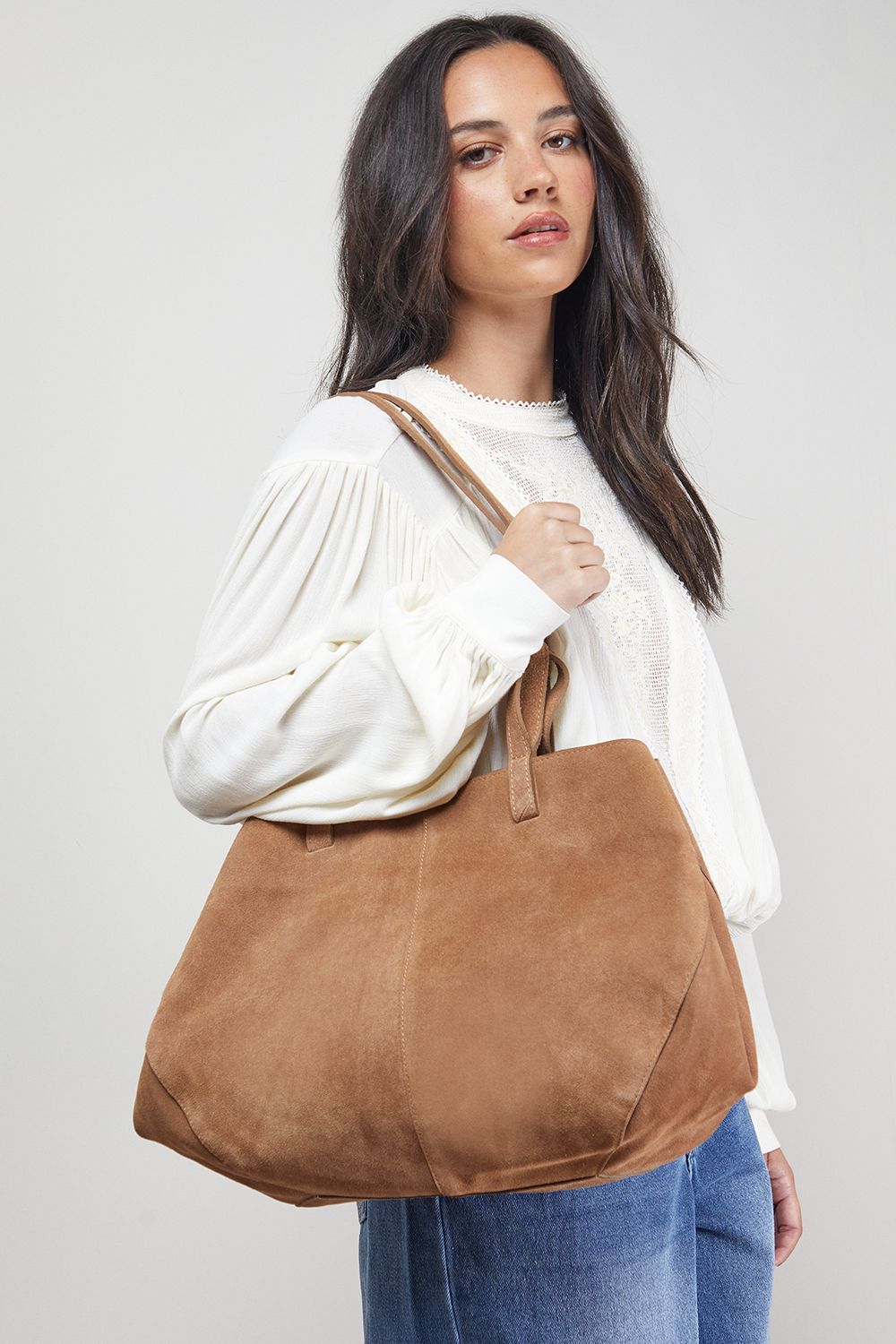 Oasis Jas Suede Tote Bag With Multi Handles Taupe image 1