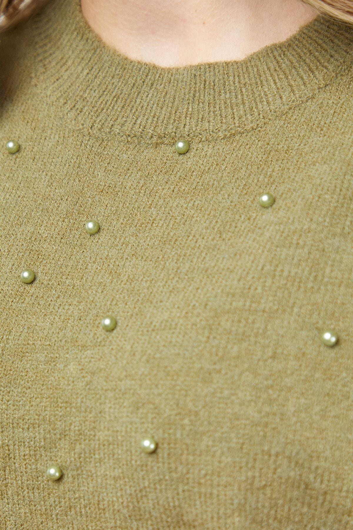 Oasis Pearl Embellished Crew Neck Puff Sleeve Knit Top Olive image 5