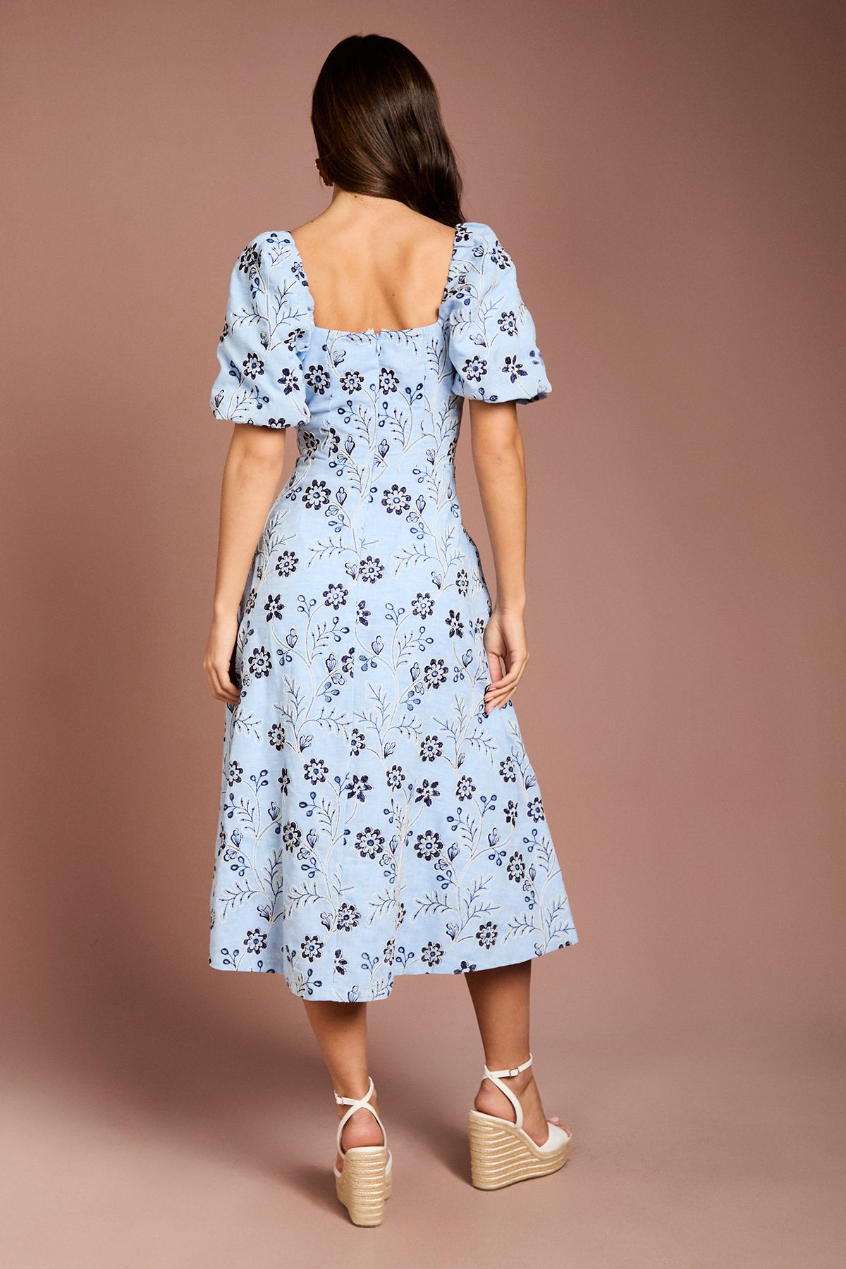 Coast Embroidered Cotton Puff Sleeve Midi Dress Blue image 3
