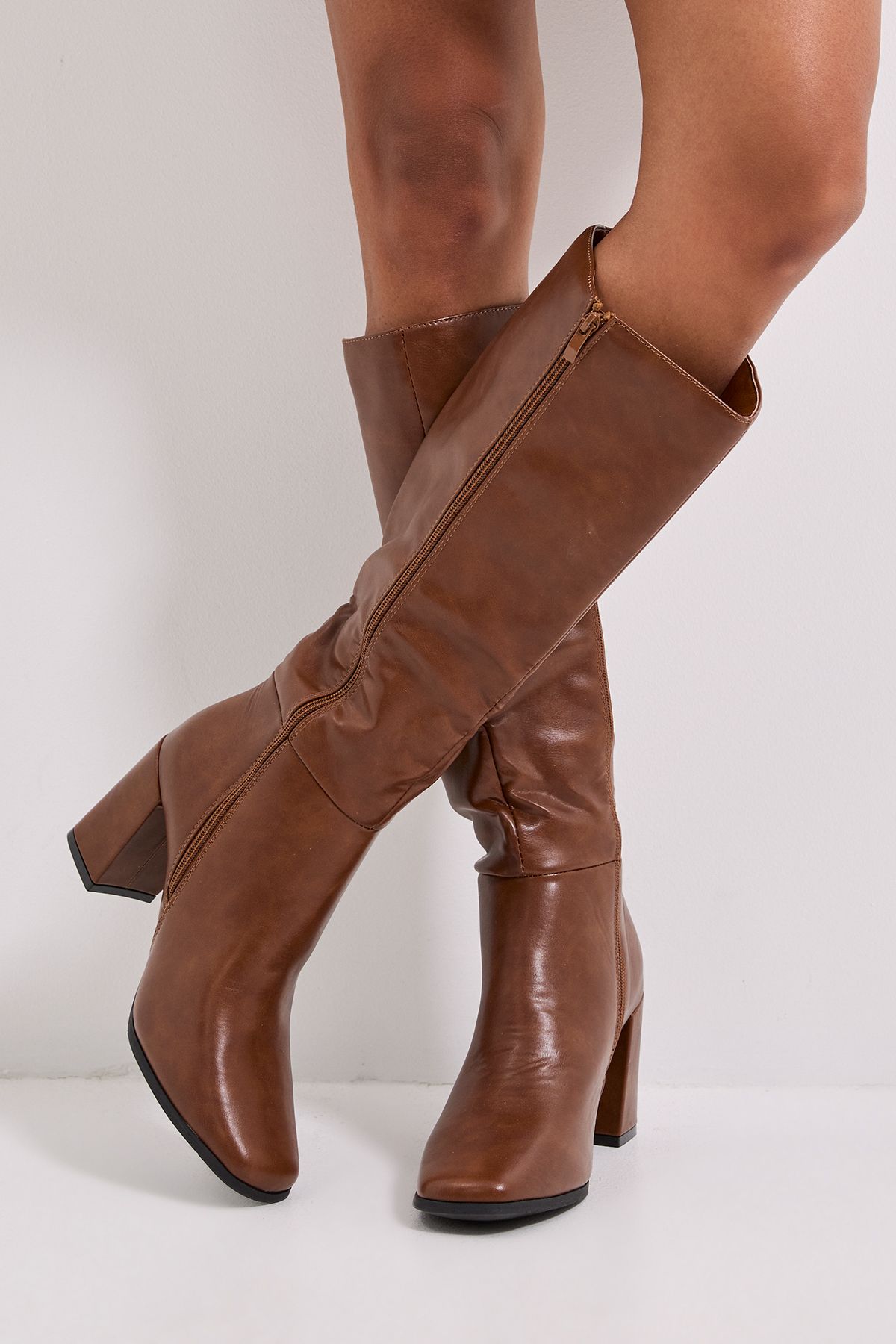 Dorothy Perkins Wide Fit Kristen Faux Leather Square Toe High Heel Knee Boots Dark Tan image 2