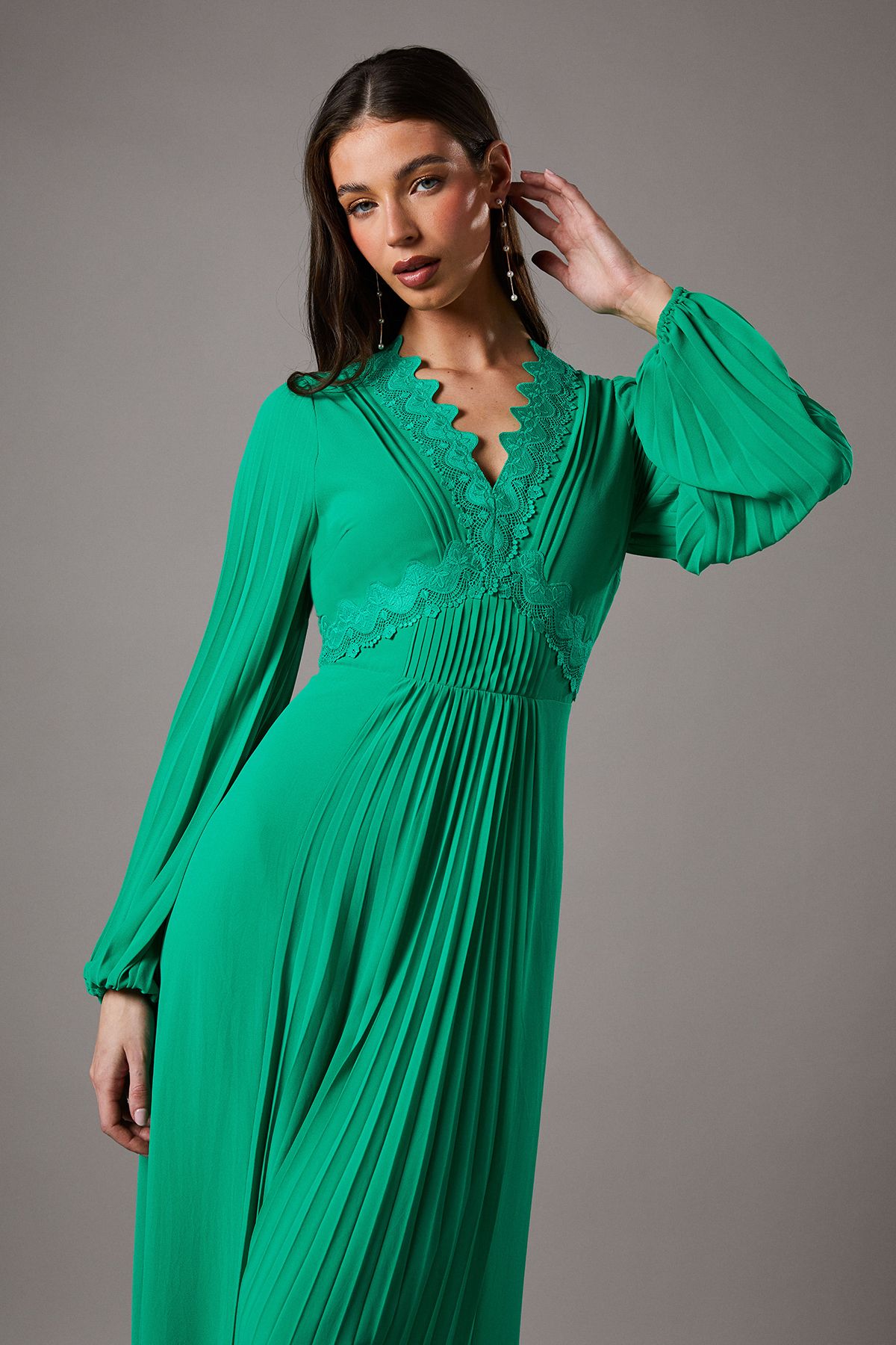 Coast Pleat Detail Lace Trim Maxi Dress Green image 2