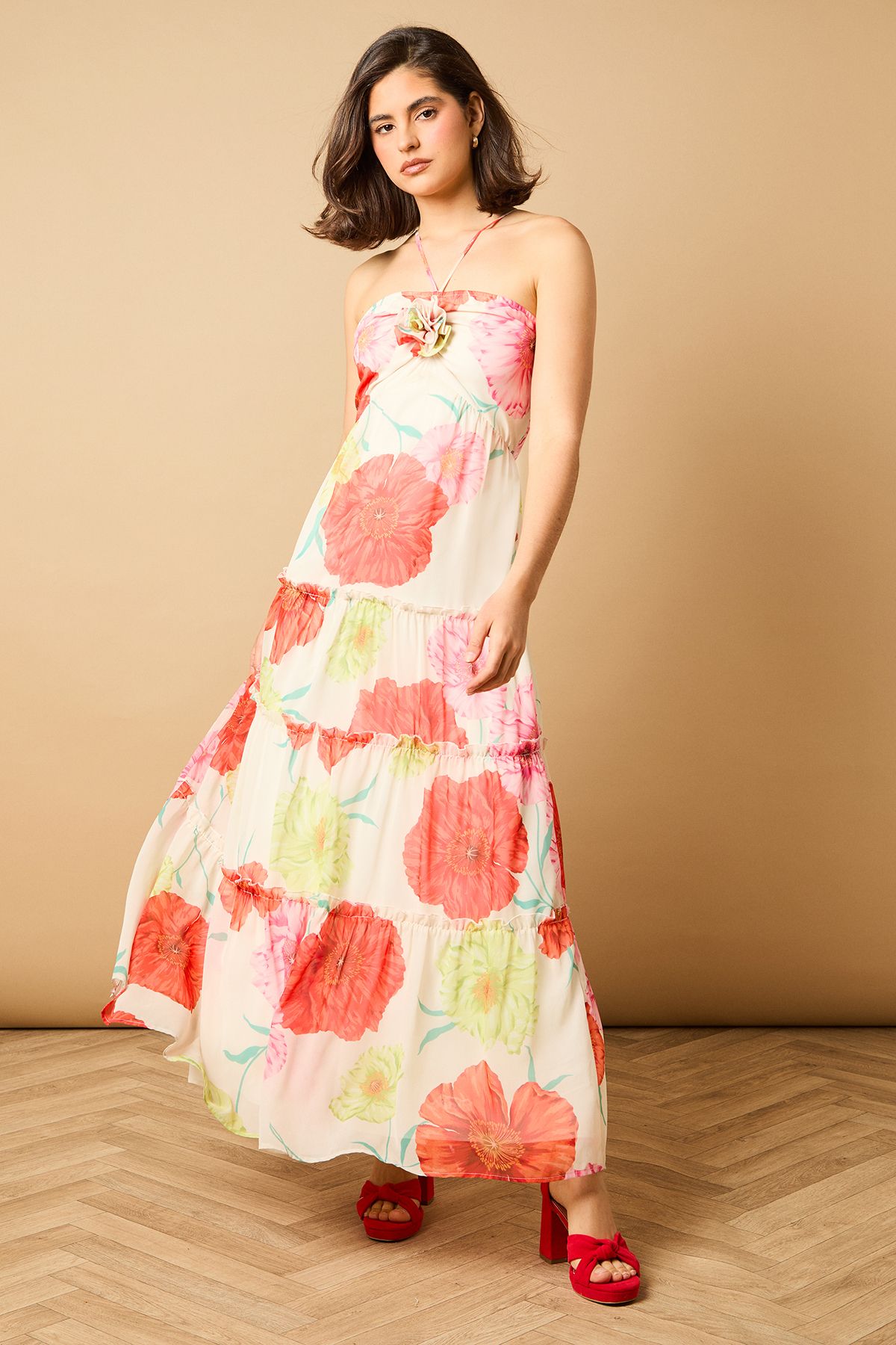 Oasis Rosette Detail Halterneck Midi Dress Ivory image 5