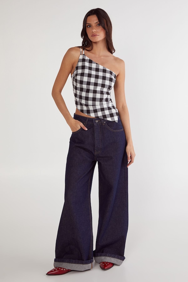 NastyGal Gingham Tailored Asym Neck Top Mono