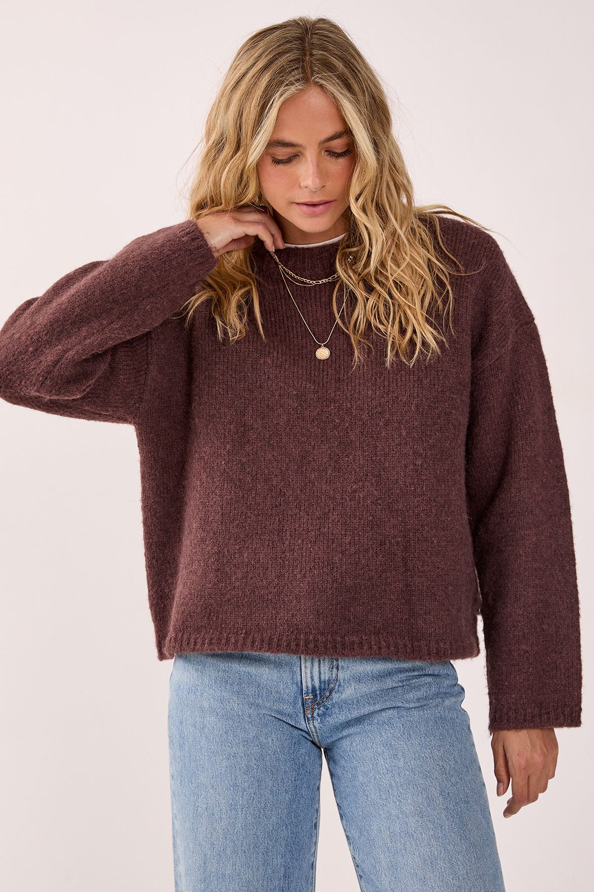 NastyGal Oversized Crew Neck Jumper Chocolate image 2