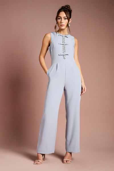 Coast Sleeveless Diamante Bow Crepe Wide Leg Jumpsuit Grey