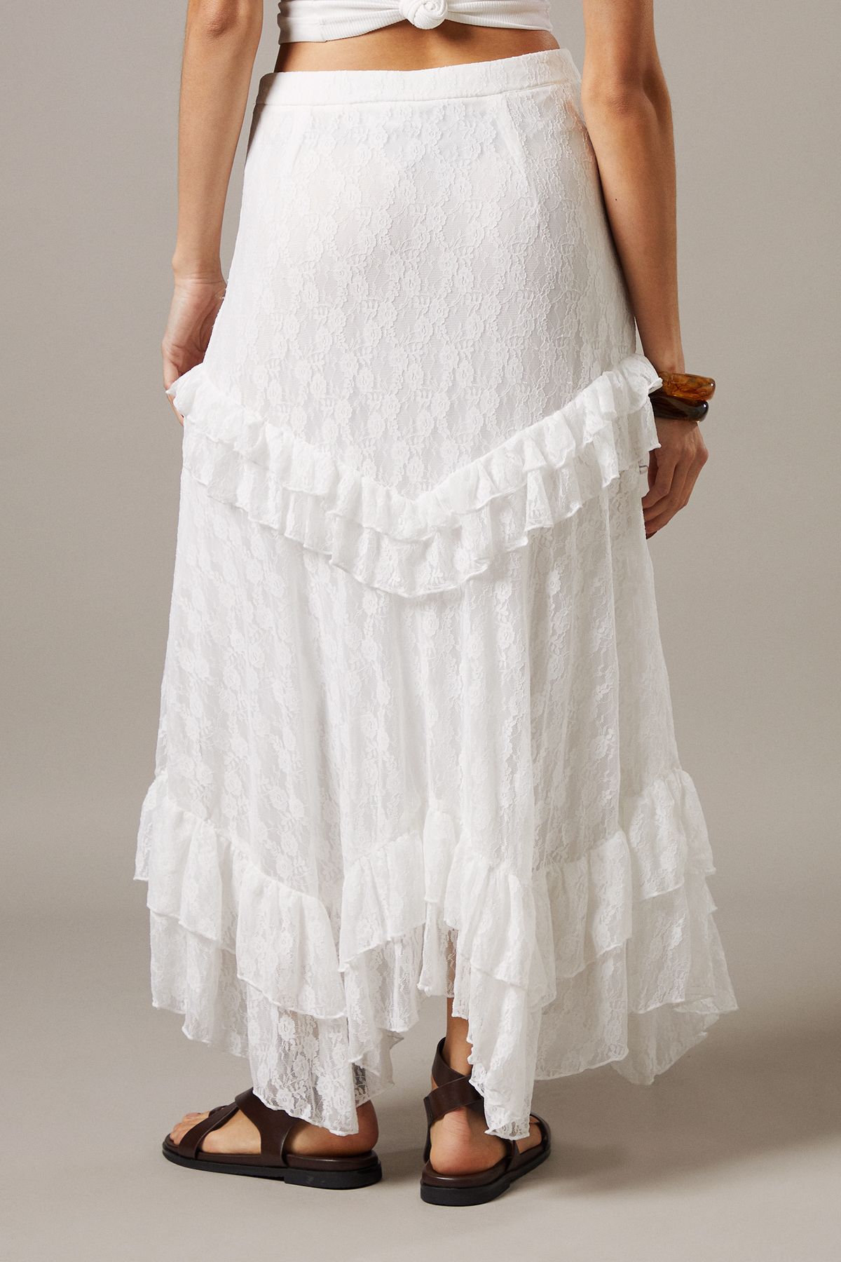 Warehouse Lace Ruffle Tier Maxi Skirt Ivory image 3