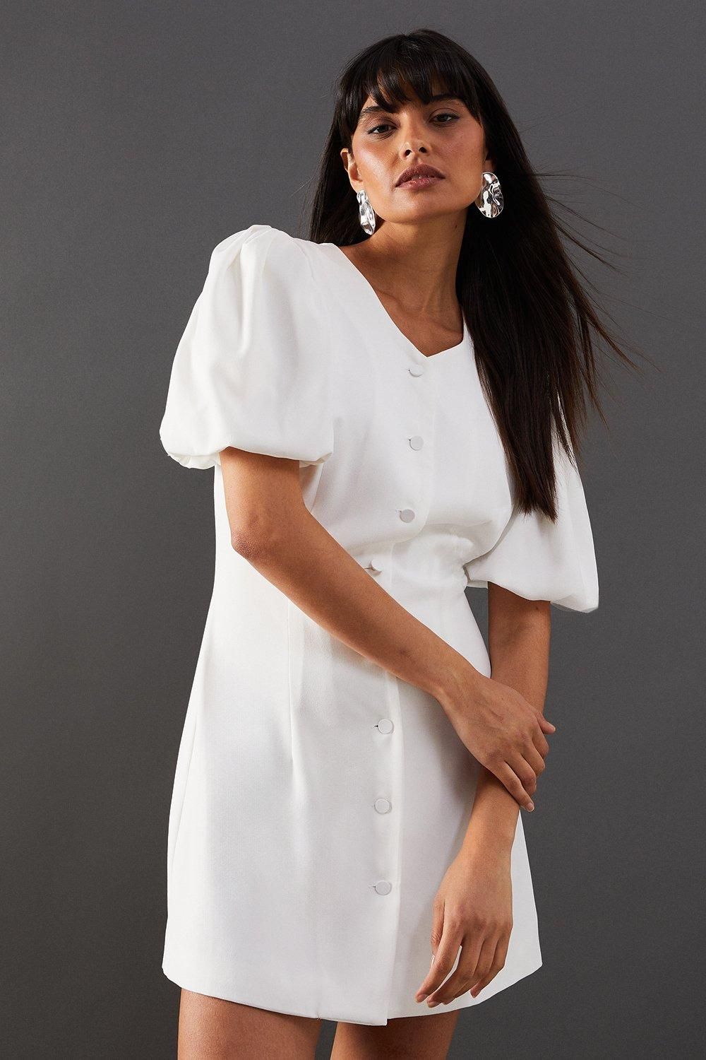 Warehouse Puff Sleeve Mini Tailored Dress Ivory image 1