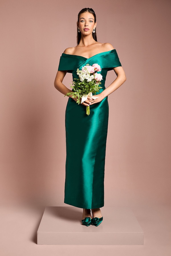 Coast Twill Bardot Pleat Detail Column Detail Maxi Bridesmaid Dress Emerald