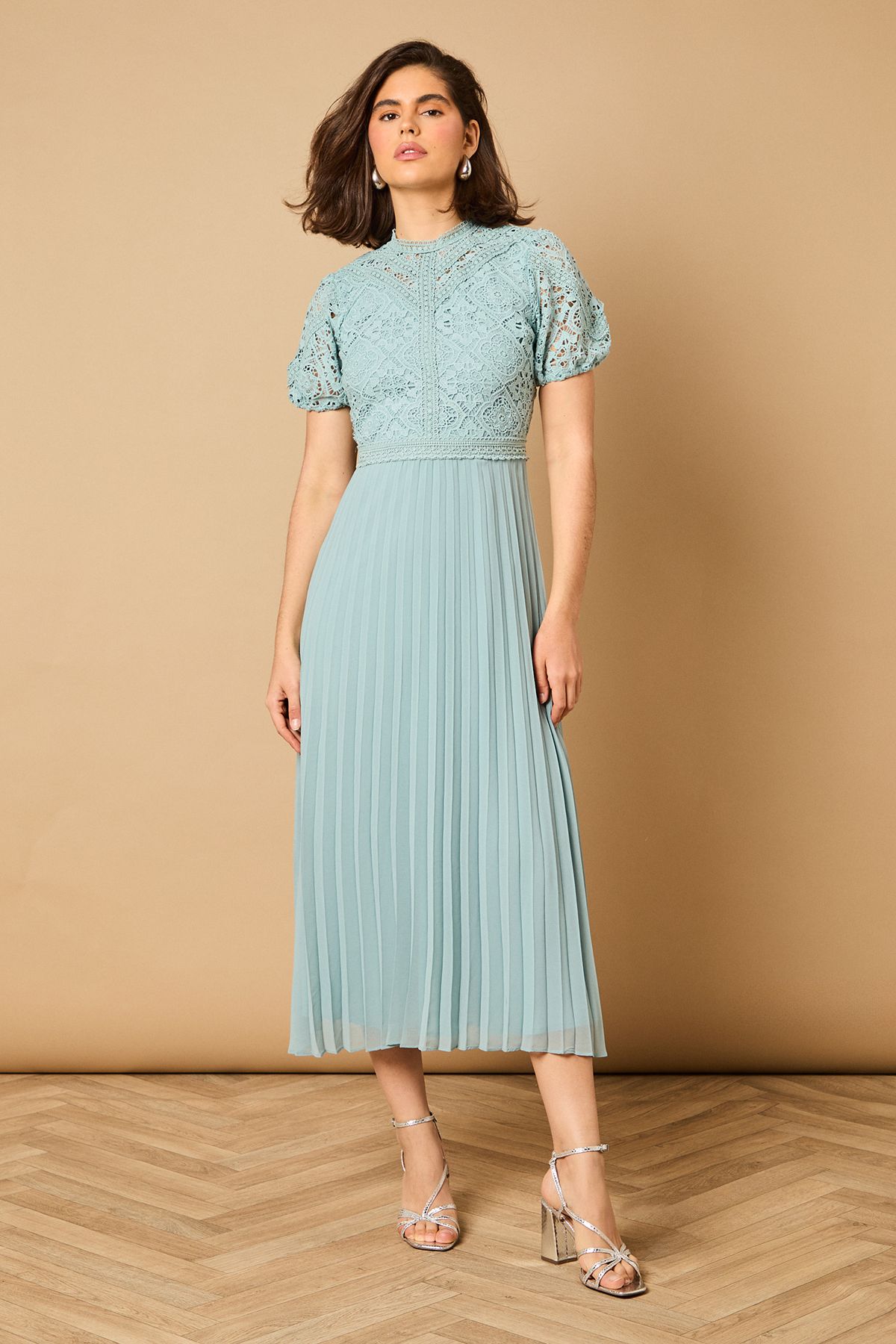 Oasis Lace Puff Sleeve Pleated Midi Dress Light Blue