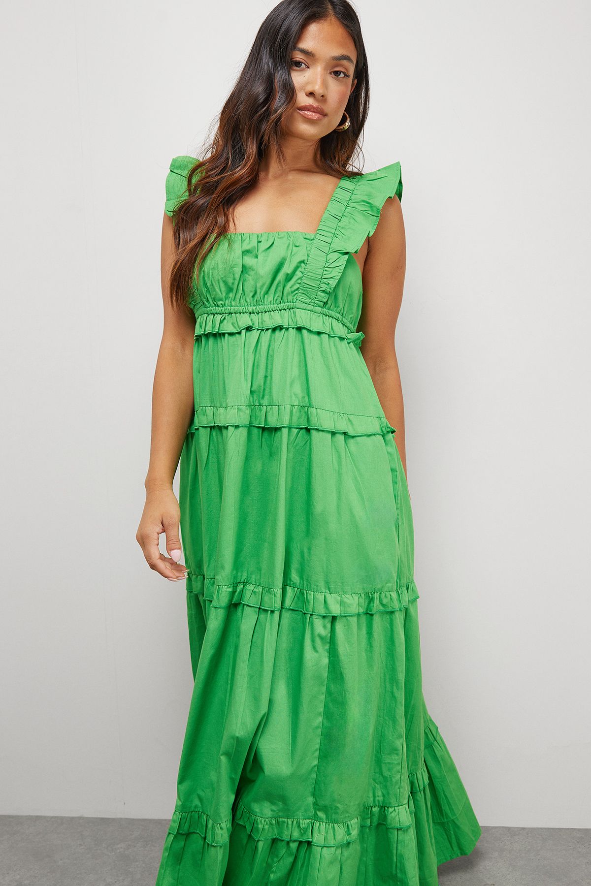 Warehouse Petite Poplin Frill Tier Midi Sundress Bright Green image 2