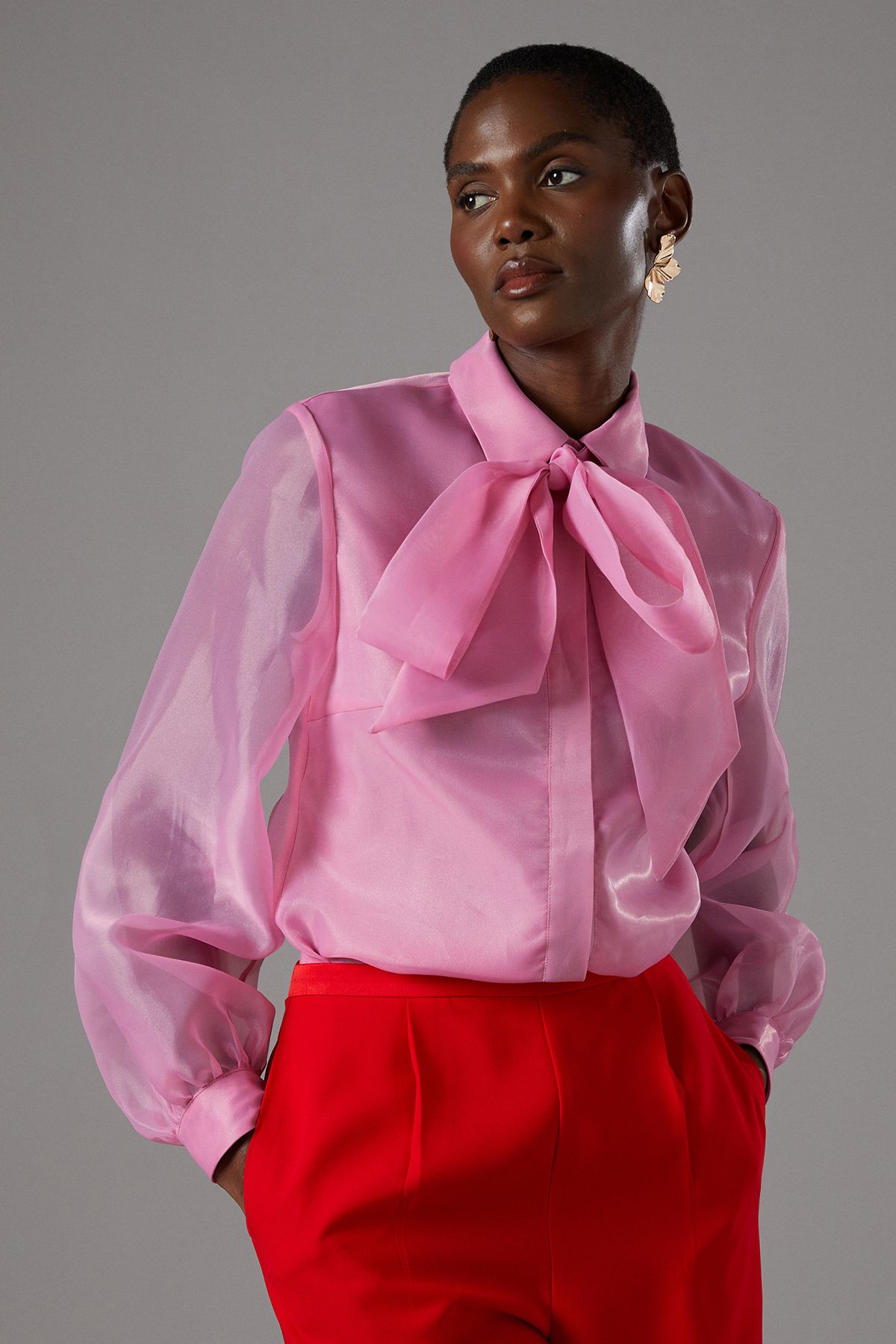 Coast Statement Tie Neck Organza Blouse Pink image 1