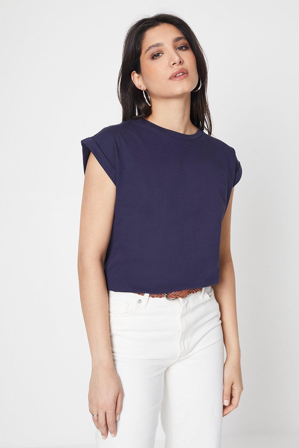 Dorothy Perkins Cotton Roll Sleeve T-shirt Navy image 1