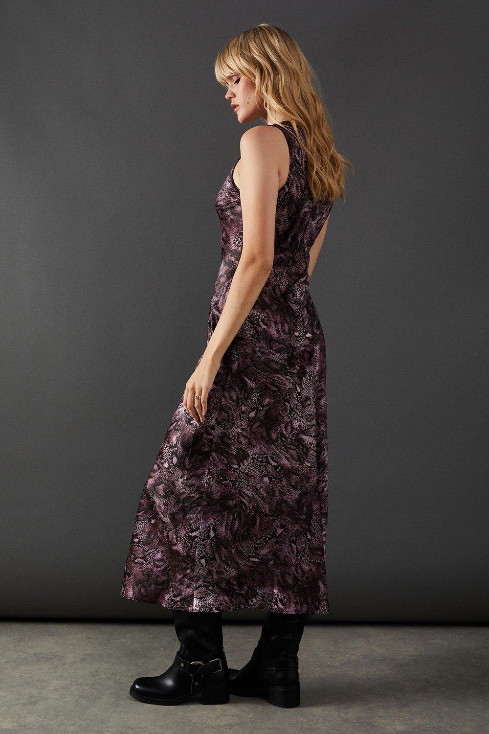 Warehouse Print Satin Racer Neck Bias Midi Slip Dress Snake image 3