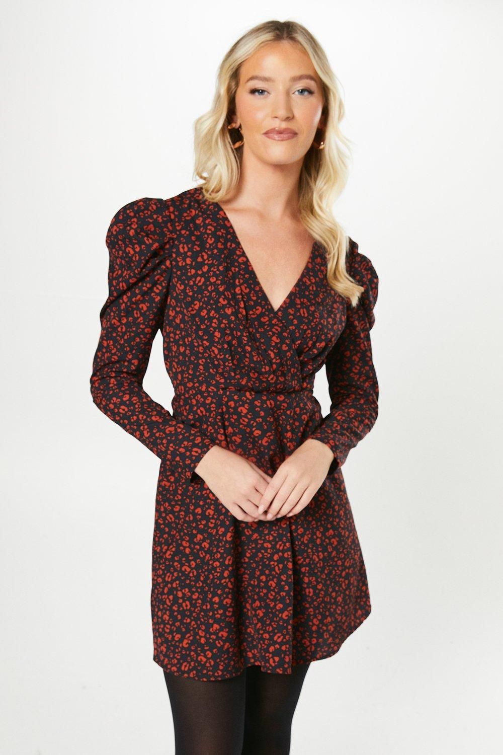 Dorothy Perkins Red Animal Empire Wrap Long Sleeve Mini Dress Black image 1