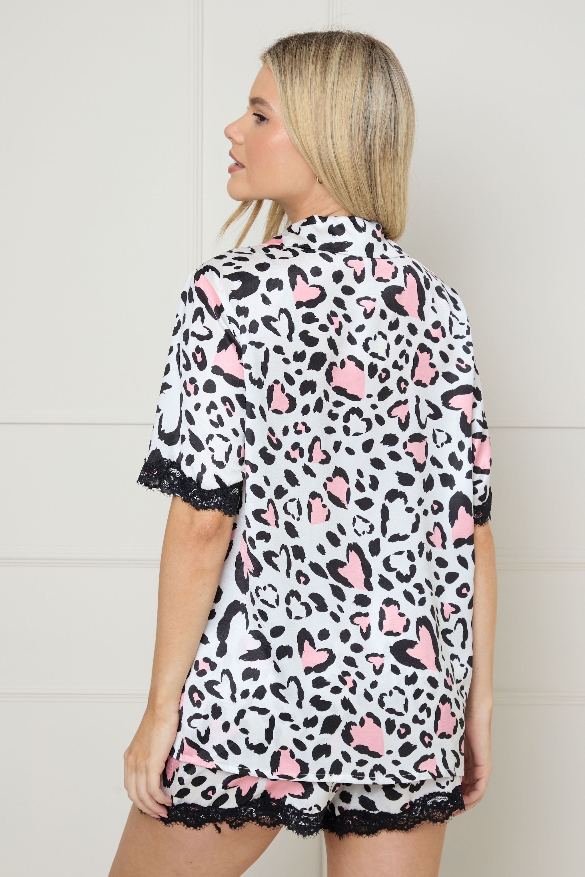 Oasis Animal Heart Lace Trim Nightwear Satin Shorts Set Animal image 3