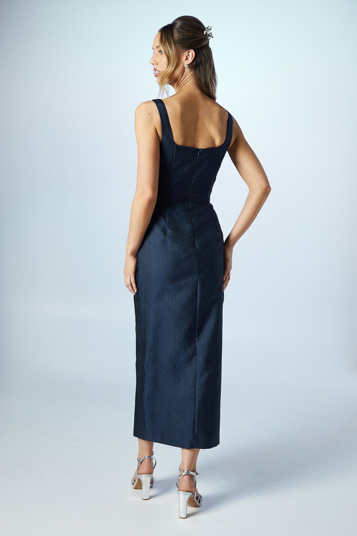 Coast Sweetheart Wrap Over Column Textured Bridesmaid Dress Navy image 3