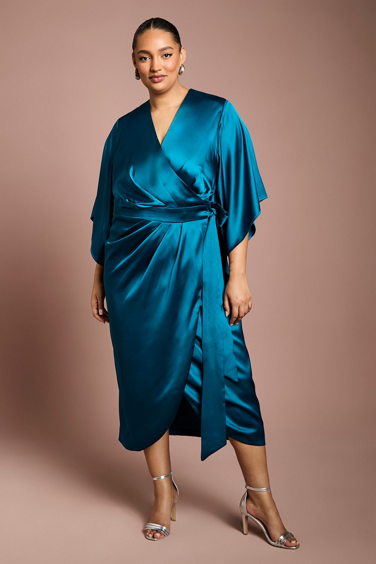 Coast Plus Satin Pleat Front Midi Wrap Dress Teal image 1