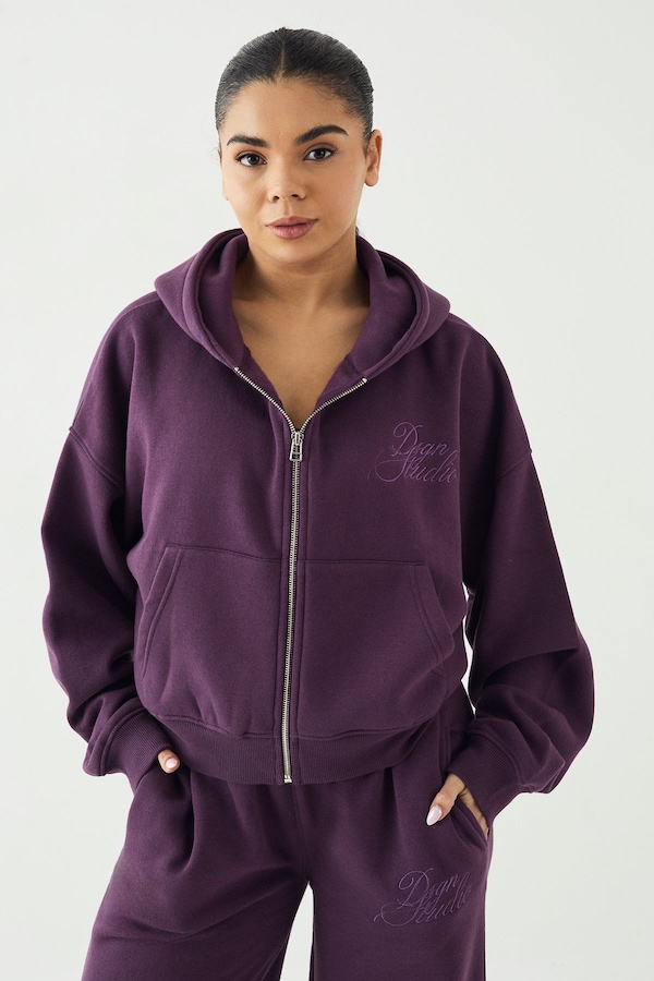 DSGN Studio DSGN Studio Contrast Script Boxy Crop Zip Through Hoodie Aubergine