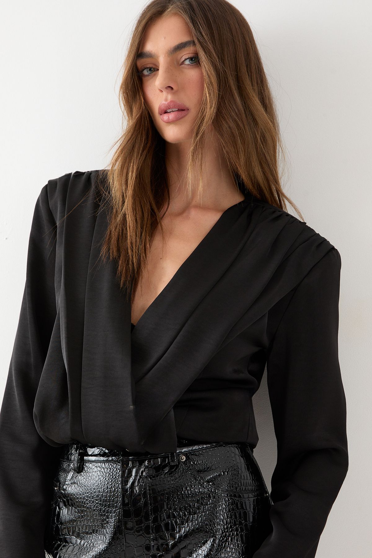MissPap Satin Extreme Draped Blouse Black image 4