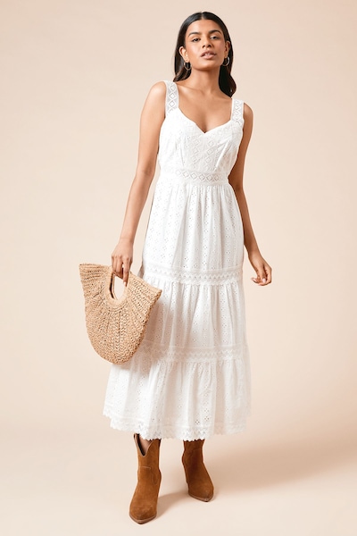 Dorothy Perkins Petite Lace Insert Broderie Strappy Midi Dress White