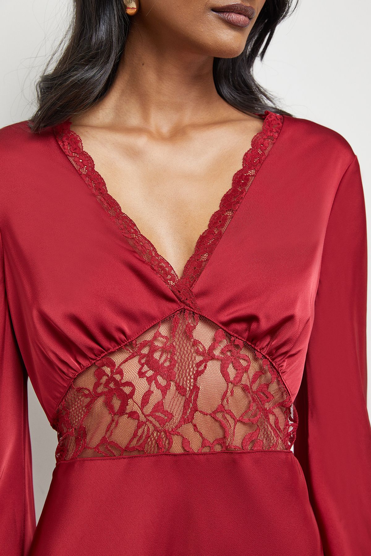 Warehouse Satin Lace Insert Flute Sleeve Midi Dress Dark Red image 5